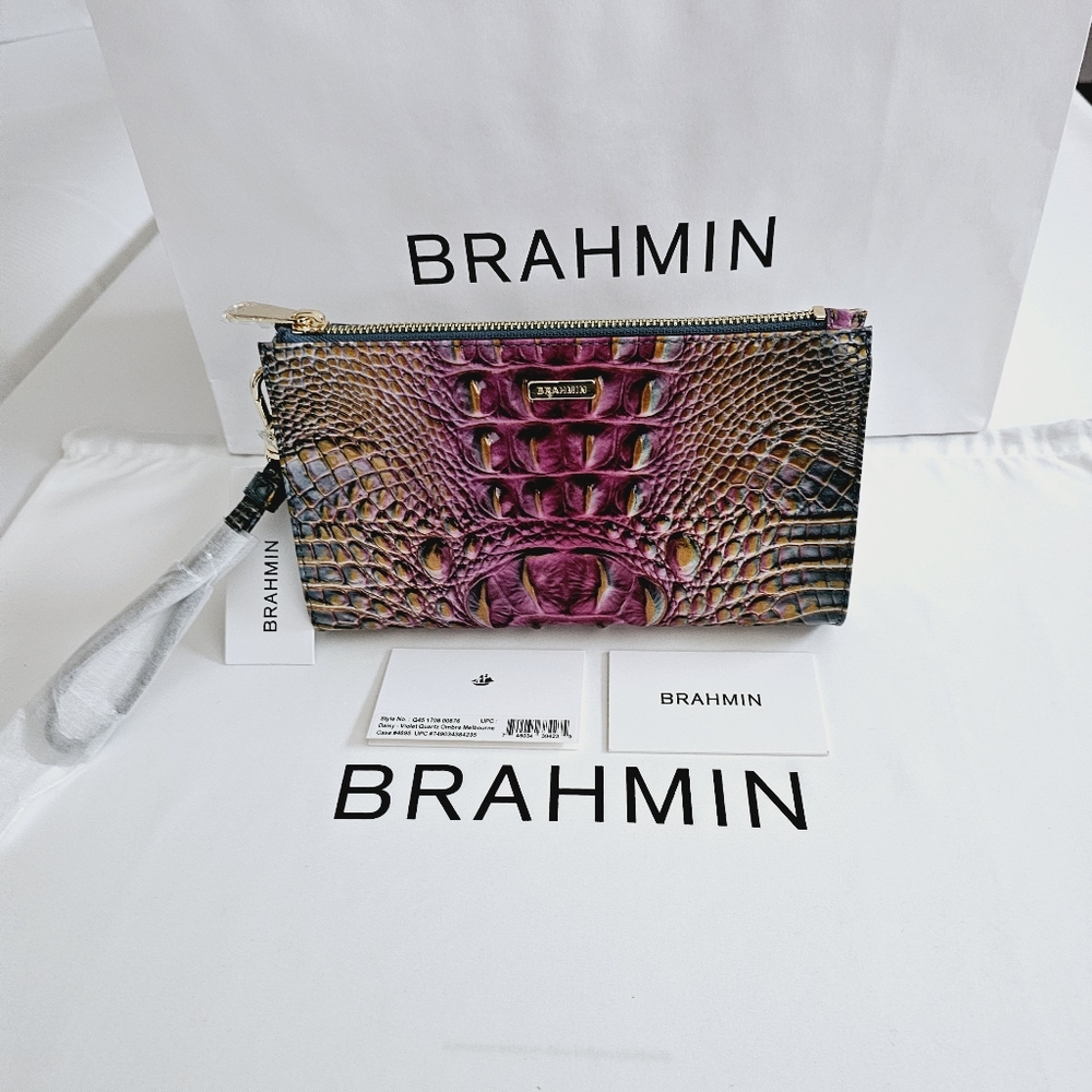 Brahmin Purple Brown Embossed Leather Wristlet Clutch - Picture 3 of 16